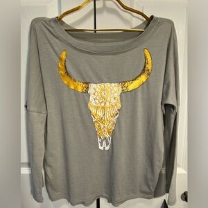 NWT Chaser Brand Cow Skull 3/4 Sleeve T Shirt Top SMALL